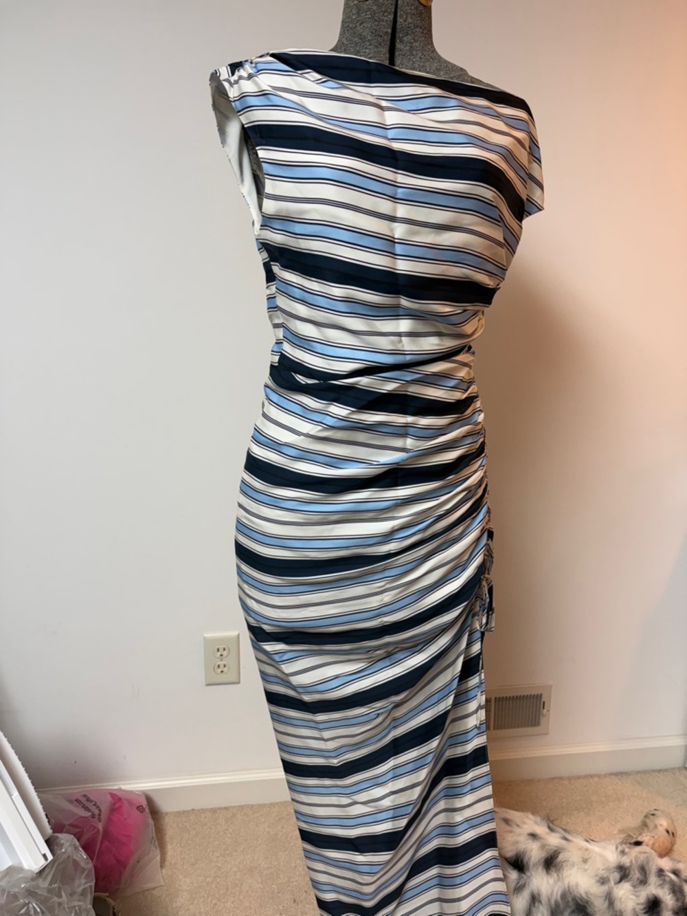 Veronica Beard One-Shoulder Striped Ruched Midi Dress — Navy, White & Cream - Picture 3 of 7